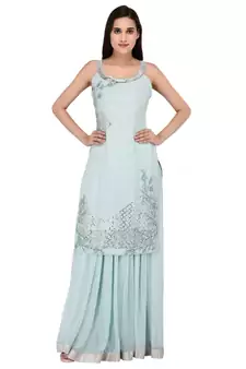 Light Blue Embroidered halter neck kurta with Georgette Lehanga set