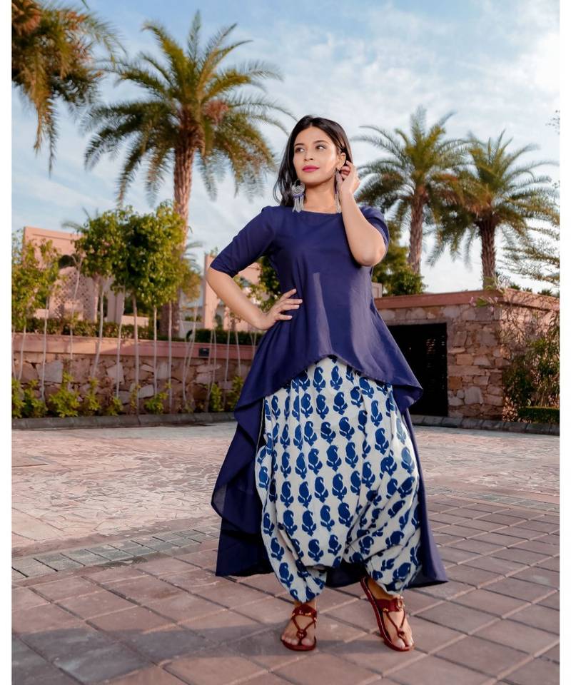 Indigo Kurta With Dhoti Pants (Set of 3)