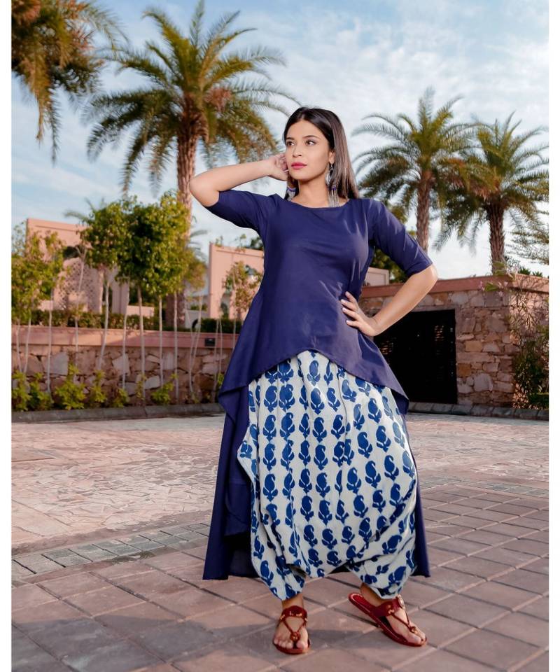 Indigo Kurta With Dhoti Pants (Set of 3)