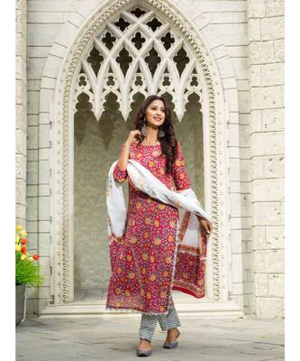 Red Printed Kurta With Zig Zag Palazzo (Set of 3) 2