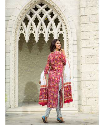 Red Printed Kurta With Zig Zag Palazzo (Set of 3) 3