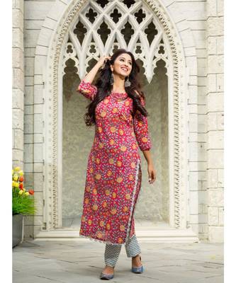 Red Printed Kurta With Zig Zag Palazzo (Set of 3) 4