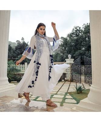 White Chiffon Tasselled Anarkali Suit (Set of 3) 2