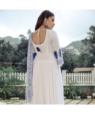 White Chiffon Tasselled Anarkali Suit (Set of 3) 4