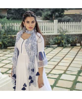 White Chiffon Tasselled Anarkali Suit (Set of 3) 5
