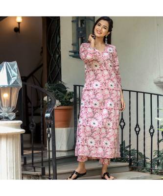 Puffed Sleeve Pink Floral Kurta (Set Of 2) 1