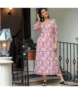 Puffed Sleeve Pink Floral Kurta (Set Of 2) 2