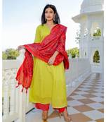 Green Katha Kurta Pant Set With Dupatta (Set of 3)
