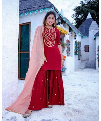 Maroon Gota Yoke Kurta & Sharara With Dupatta (Set of 3) 1