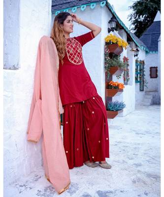 Maroon Gota Yoke Kurta & Sharara With Dupatta (Set of 3) 2