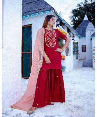 Maroon Gota Yoke Kurta & Sharara With Dupatta (Set of 3) 3