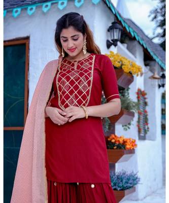 Maroon Gota Yoke Kurta & Sharara With Dupatta (Set of 3) 4