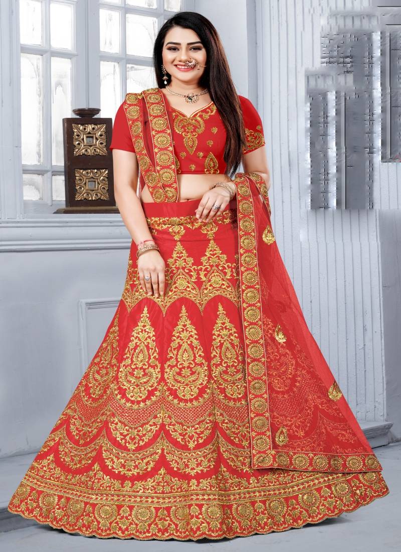 Light-red embroidered satin semi stitched lehenga - Monjolika - 3262429