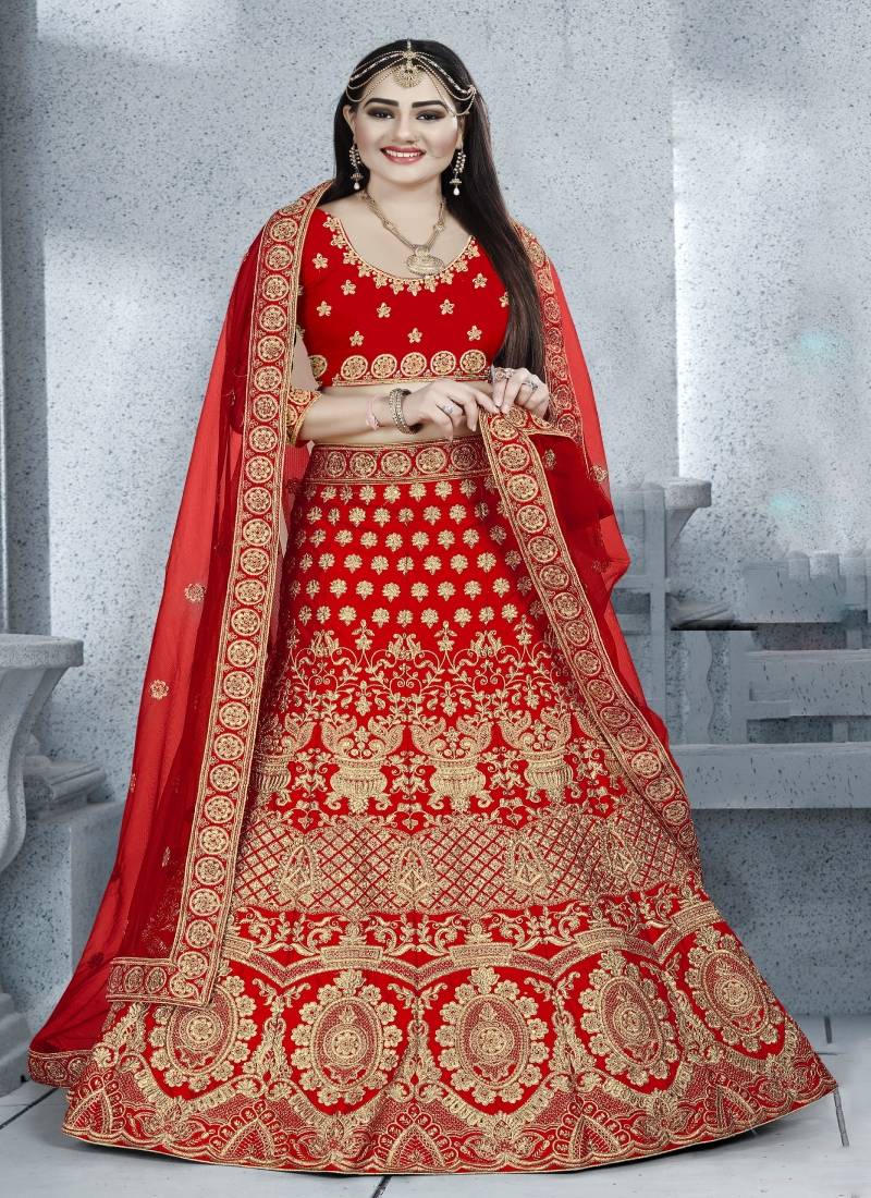 Red embroidered satin semi stitched lehenga - Monjolika - 3262440