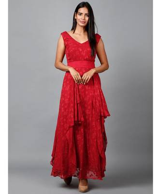 Red Floral Self Design Georgette Dress 1