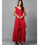 Red Floral Self Design Georgette Dress