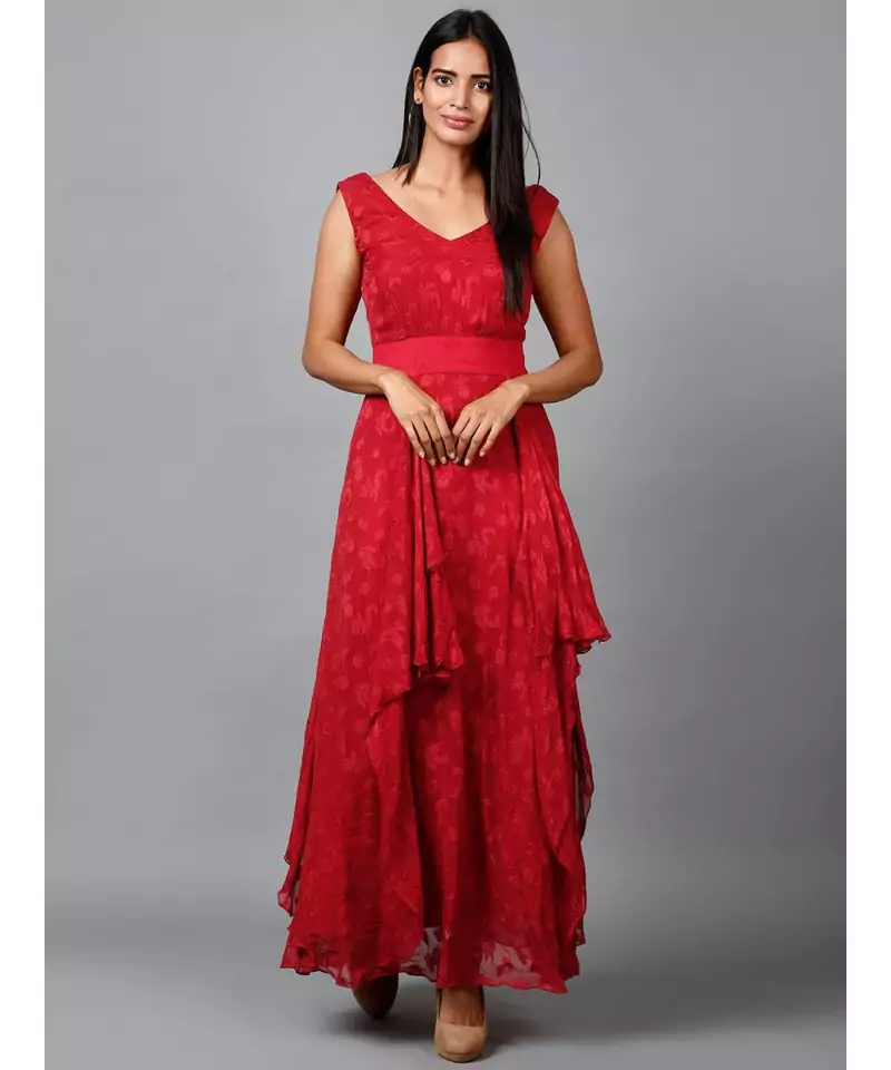 Red Floral Self Design Georgette Dress