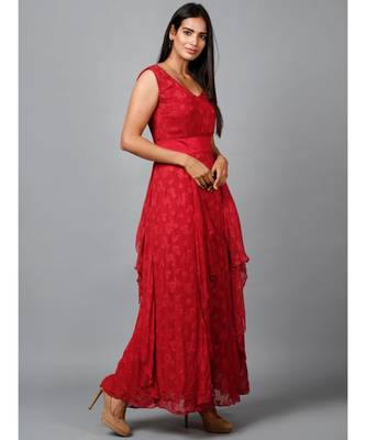 Red Floral Self Design Georgette Dress 2