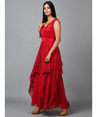 Red Floral Self Design Georgette Dress 3