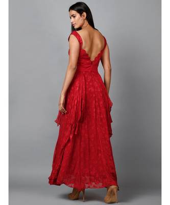 Red Floral Self Design Georgette Dress 4