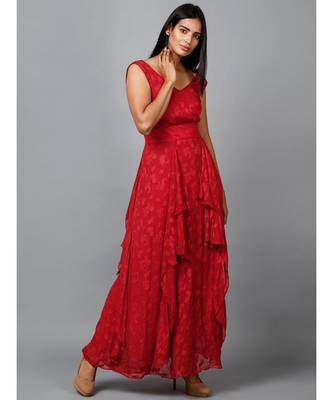 Red Floral Self Design Georgette Dress 5