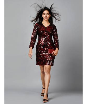 Miracolos Red and Black Sequins Embellished Party V-neck Short Dress 1