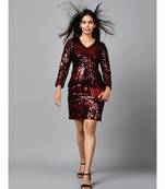 Miracolos Red and Black Sequins Embellished Party V-neck Short Dress