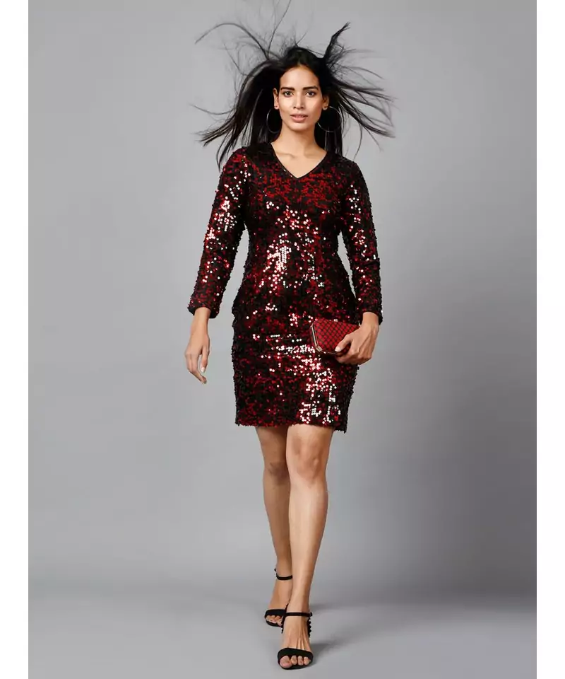Miracolos Red and Black Sequins Embellished Party V-neck Short Dress