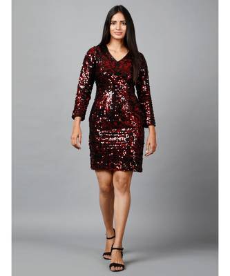 Miracolos Red and Black Sequins Embellished Party V-neck Short Dress 2