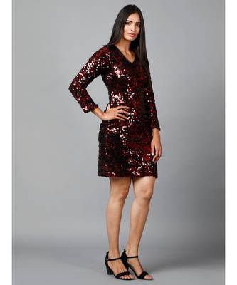 Miracolos Red and Black Sequins Embellished Party V-neck Short Dress 3