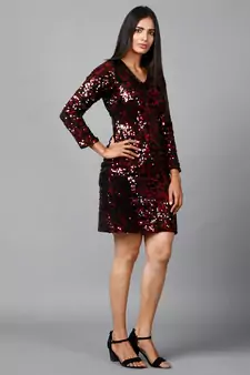 Miracolos Red and Black Sequins Embellished Party V-neck Short Dress