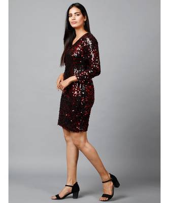 Miracolos Red and Black Sequins Embellished Party V-neck Short Dress 4