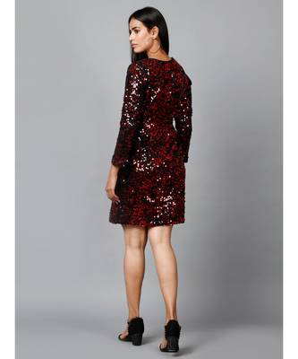 Miracolos Red and Black Sequins Embellished Party V-neck Short Dress 5