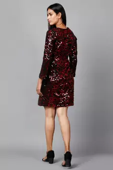 Miracolos Red and Black Sequins Embellished Party V-neck Short Dress