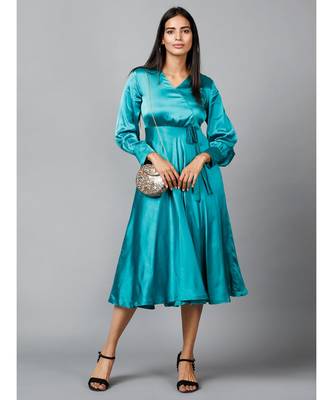 Women's Empire Line with Cuff Satin Wrap Dress Green 1