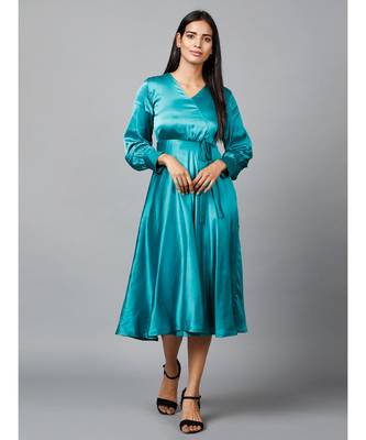 Women's Empire Line with Cuff Satin Wrap Dress Green 2