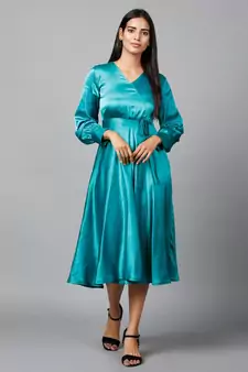 Women's Empire Line with Cuff Satin Wrap Dress Green