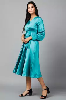 Women's Empire Line with Cuff Satin Wrap Dress Green