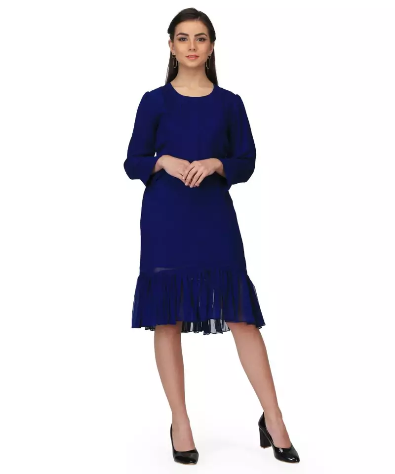 Women's Pin Tucks Georgette Midi Casual Dress Blue