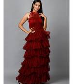Women's Halter Neck Drape Net Party Evening Corset Gown in Maroon