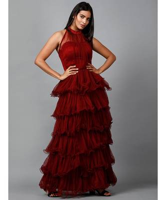 Women's Halter Neck Drape Net Party Evening Corset Gown in Maroon 2