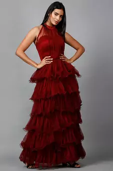 Women's Halter Neck Drape Net Party Evening Corset Gown in Maroon