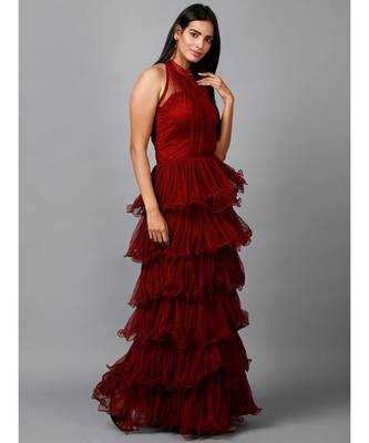 Women's Halter Neck Drape Net Party Evening Corset Gown in Maroon 3