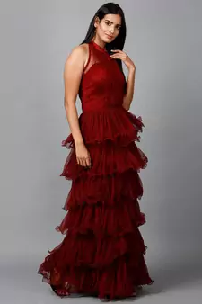 Women's Halter Neck Drape Net Party Evening Corset Gown in Maroon
