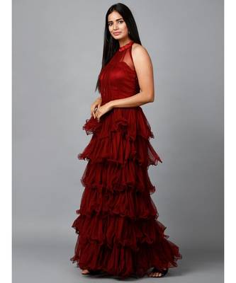 Women's Halter Neck Drape Net Party Evening Corset Gown in Maroon 4