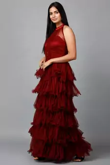 Women's Halter Neck Drape Net Party Evening Corset Gown in Maroon