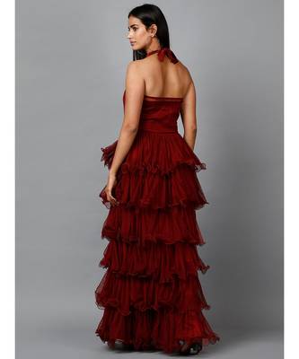 Women's Halter Neck Drape Net Party Evening Corset Gown in Maroon 5