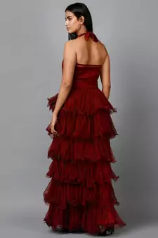 Women's Halter Neck Drape Net Party Evening Corset Gown in Maroon