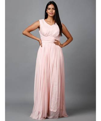 Women's Sleeveless V- Neck Draped Peach Chiffon Evening Maxi   Gown 1