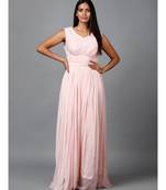 Women's Sleeveless V- Neck Draped Peach Chiffon Evening Maxi   Gown